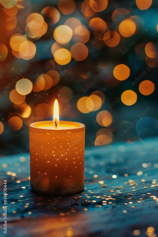 A candle is lit on a table with a blue background. The candle is surrounded by a lot of sparkles, which gives the image a festive and cozy atmosphere A candle is lit on a table with a blue background. The candle is surrounded by a lot of sparkles, which gives the image a festive and cozy atmosphere