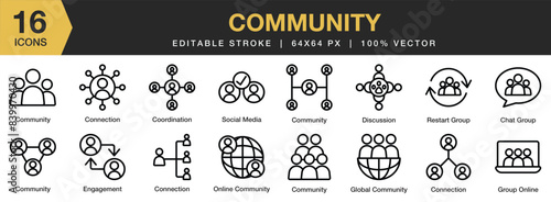 Set of 16 Community icon set. Editable Stroke Icon Collection. Includes coordination, social media, connection, group online, community, and More. Outline icons vector collection.