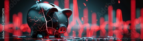 A cracked piggy bank with the lid off and a falling red graph in the backdrop, front view, indicating financial trouble, technology tone, monochromatic color scheme photo