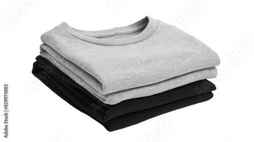 Set of pile stack group of folded blank black grey gray white tee t shirt sweater round neck on transparent background