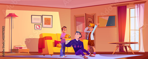 Father telling teen kids about coal miner or explorer profession in living room. Cartoon vector happy smiling teenage girl and boy listening dad and putting on protection helmets with headlight.