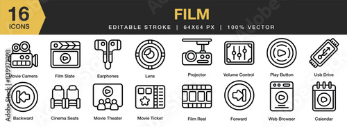 Set of 16 Film icon set. Editable Stroke Icon Collection. Includes film state, movie theatre, film reel, projector, lens, and More. Outline icons vector collection.