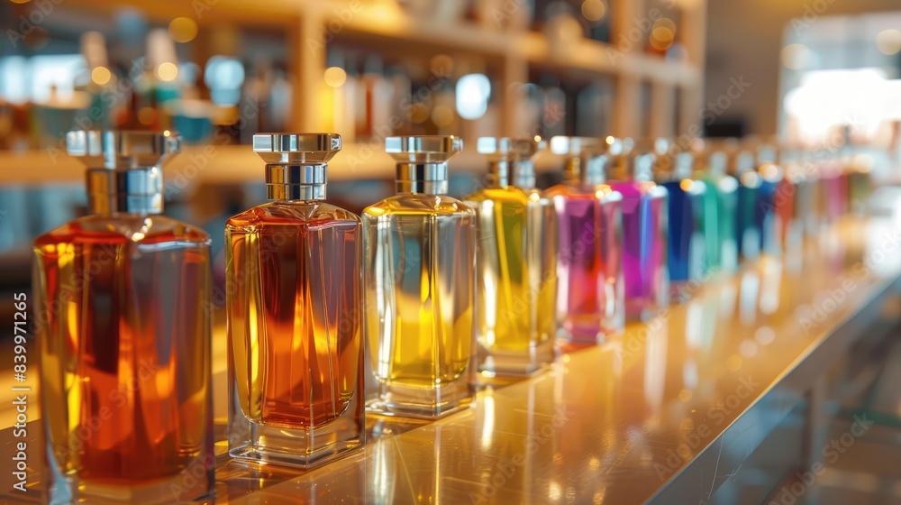 Rows of colorful perfume bottles are neatly displayed on a shelf Rows of colorful perfume bottles are neatly displayed on a shelf