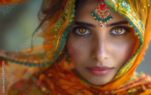 A beautiful Asian woman in the Indian traditional colorful cloth in festival