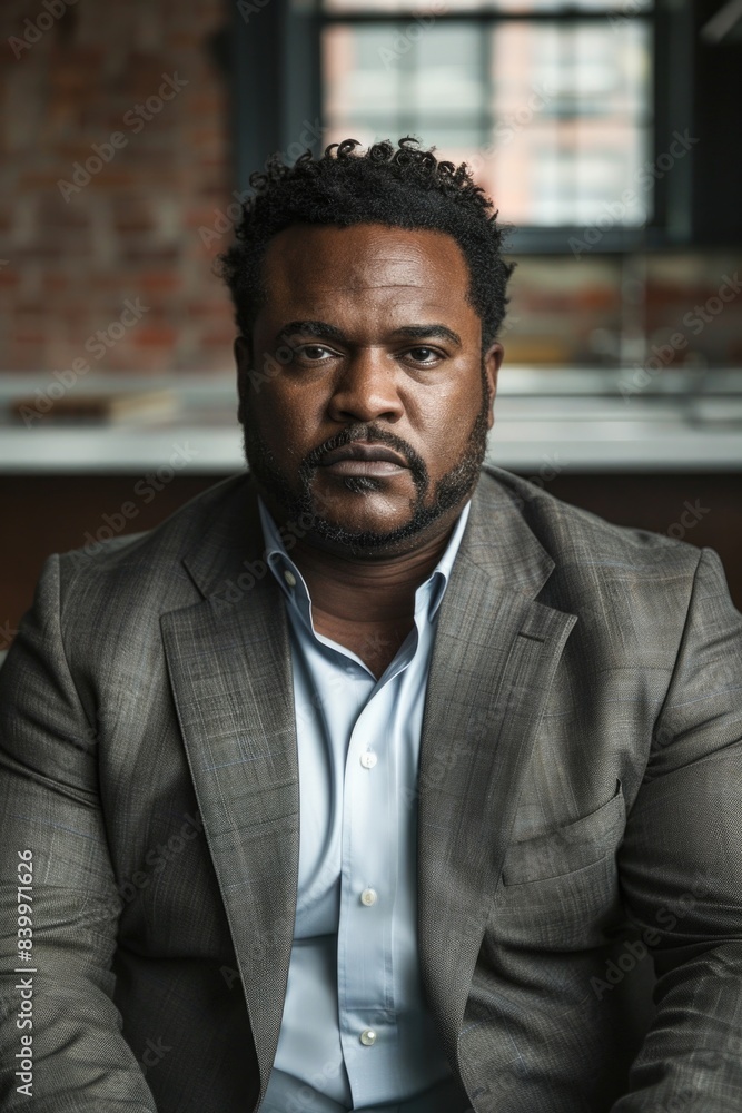 A middle-aged American man sits with a serious expression, wearing a grey suit and a light blue shirt A middle-aged American man sits with a serious expression, wearing a grey suit and a light blue shirt