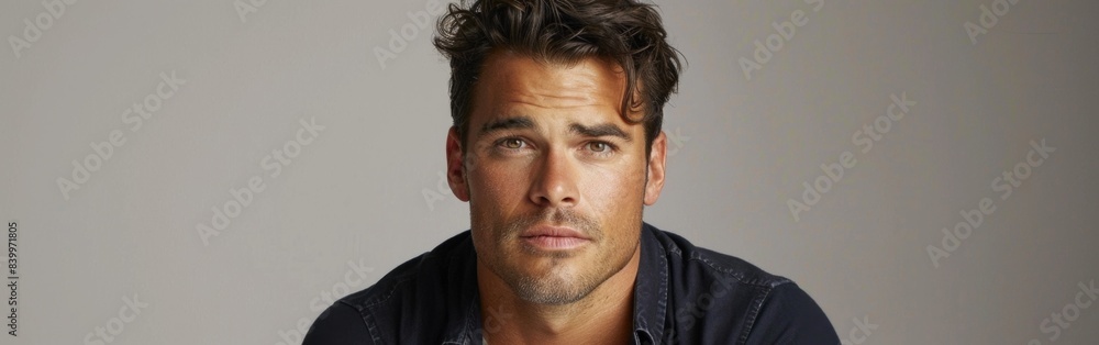 A portrait of a young American man with dark hair and brown eyes, against a plain background A portrait of a young American man with dark hair and brown eyes, against a plain background