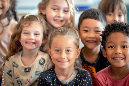 Group of children of different ethnicities smile and pose for a portrait in classroom setting