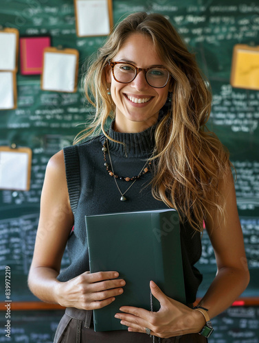 30 year old female teacher holding a book standing in front of the blackboard