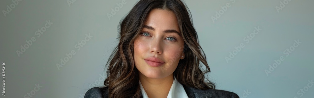 Portrait of a young businesswoman with long brown hair, posing in front of a white wall