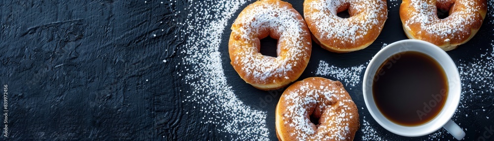 A close up of a plate of powdered donuts and a cup of coffee. The donuts are sprinkled with powdered sugar and arranged in a row. The coffee is poured into a white cup with a leaf design on it