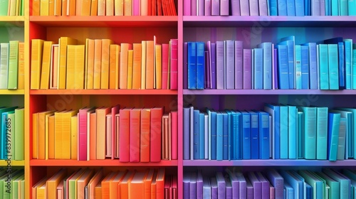 A rainbow of books on a shelf. The books are arranged in a rainbow order, with the colors of the rainbow visible on the spines of the books. The shelf is full of books