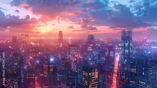 Dramatic Panoramic View of Vibrant Cityscape with Towering Skyscrapers at Dusk