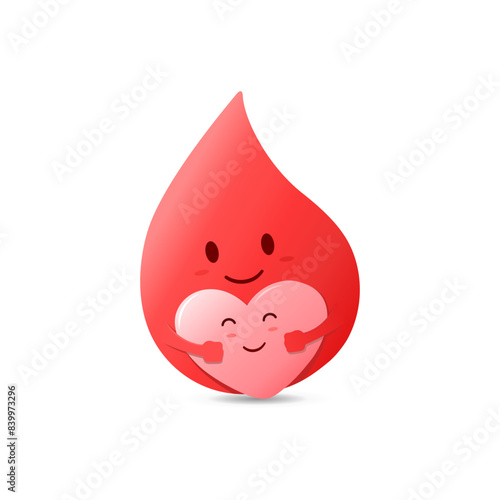 Blood dripping mascot is hugging a small heart. blood donation concept blood donation logo. Vector illustration.