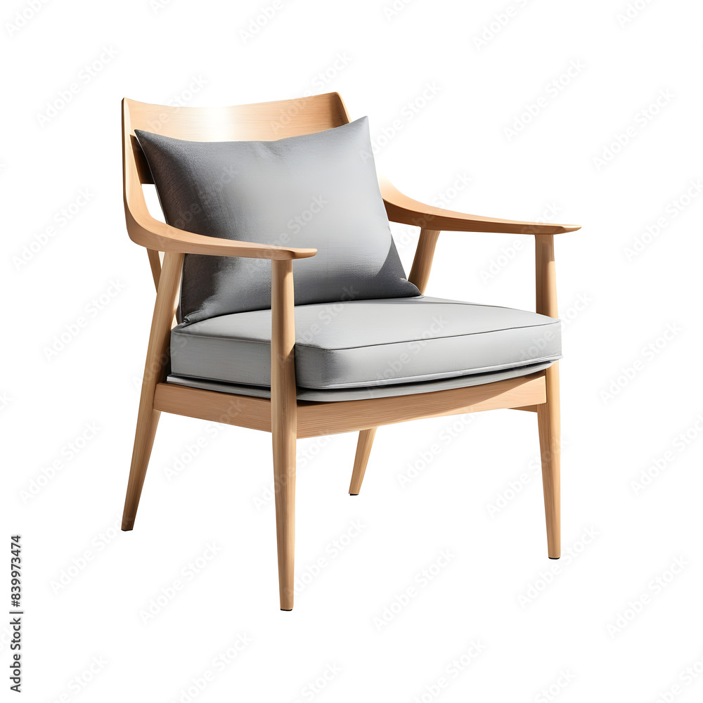 scandinavian style light wood chair with grey cushion and wooden frame isolated on transparent background. Perfect for modern interior design, home decor, and furniture catalogs. scandinavian style light wood chair with grey cushion and wooden frame isolated on transparent background. Perfect for modern interior design, home decor, and furniture catalogs.
