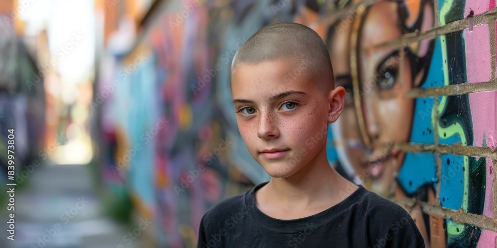 Portrait of a young person with short hair and freckles standing in front of a colorful mural. AI. Portrait of a young person with short hair and freckles standing in front of a colorful mural. AI.