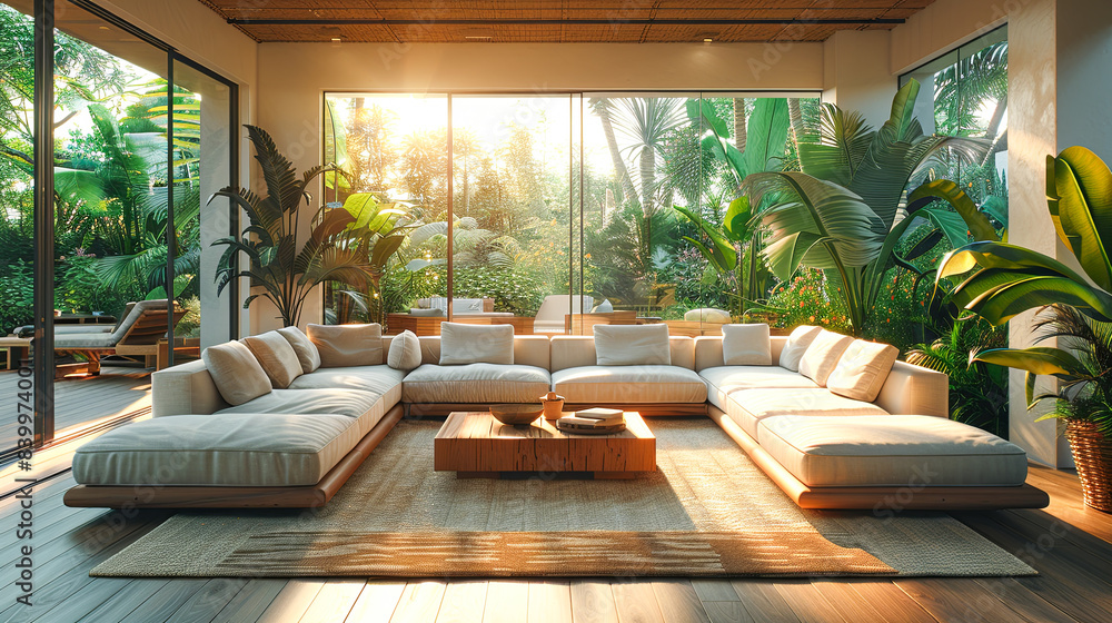 Fototapeta premium 3D rendering of a living room with a view of the garden