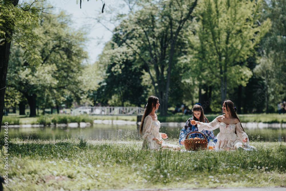 Obraz premium A cheerful gathering of three women at a lakeside picnic in a lush park under sunny skies, sharing food and laughter.