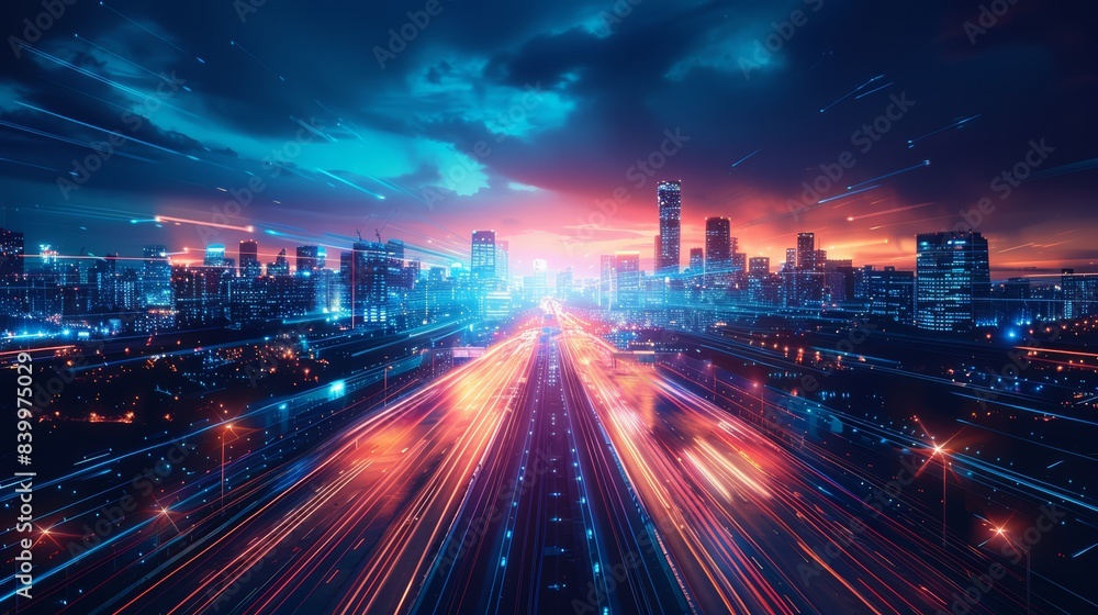 Fototapeta premium Futuristic city at dusk, with glowing skyscrapers and cutting-edge transportation systems crisscrossing the horizon