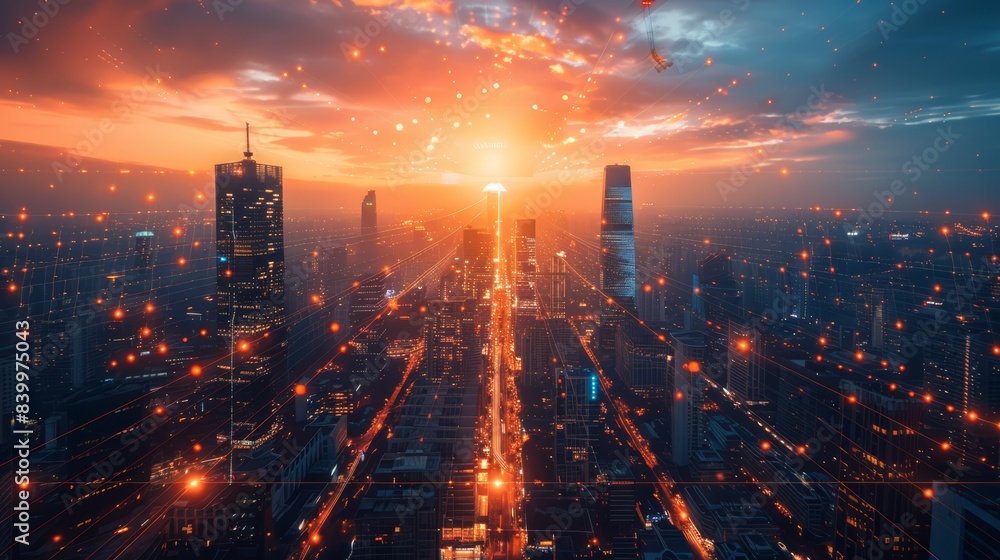 Fototapeta premium Futuristic city at dusk, with glowing skyscrapers and cutting-edge transportation systems crisscrossing the horizon