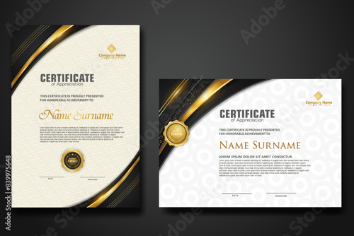 Luxury certificate template with glitter effect dan lines gold shine on frame background