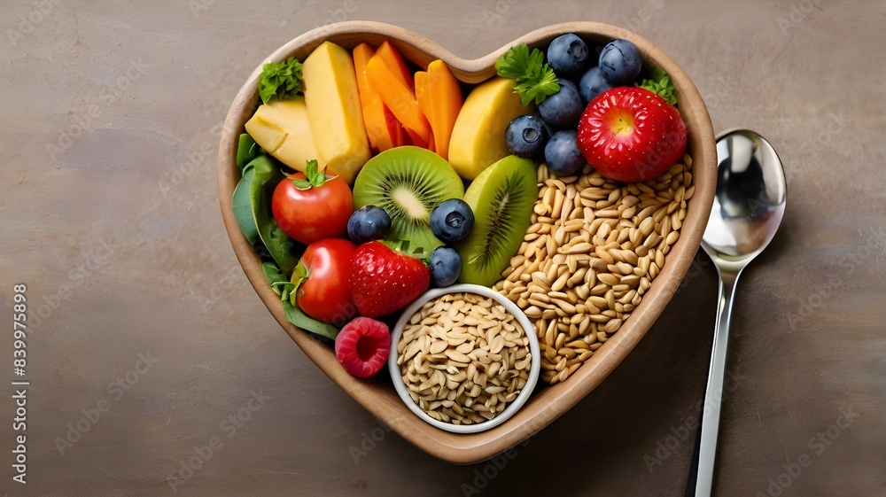 A vibrant photo showcasing a heartshaped bowl filled with nutritious diet foods, including fresh fruits, vegetables, and whole grains, promoting heart health and cardiovascular wellness. A vibrant photo showcasing a heartshaped bowl filled with nutritious diet foods, including fresh fruits, vegetables, and whole grains, promoting heart health and cardiovascular wellness.