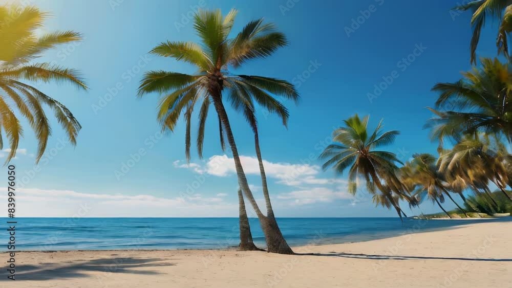 View of the beach with blue water and palm trees on a coast for Hello Summer. View of the beach with blue water and palm trees on a coast for Hello Summer.