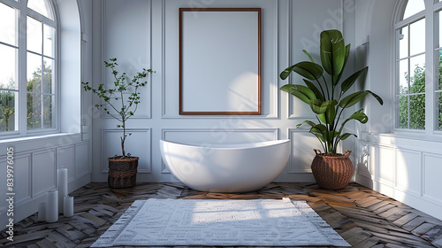 Bathroom interior with a white bathtub  a plant in a pot and a poster on the wall. 3d render