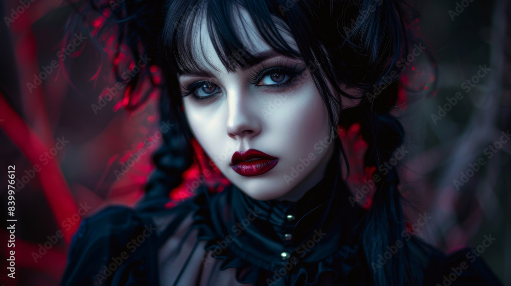 Portrait of a brunette Goth style inspired woman, fashion and make-up shoot. Gothic, Goth, Emo, New Wave, Dark style fashion. Dark smokey make-up, red lipstick. Dramatic. Elegant. Portrait of a brunette Goth style inspired woman, fashion and make-up shoot. Gothic, Goth, Emo, New Wave, Dark style fashion. Dark smokey make-up, red lipstick. Dramatic. Elegant.