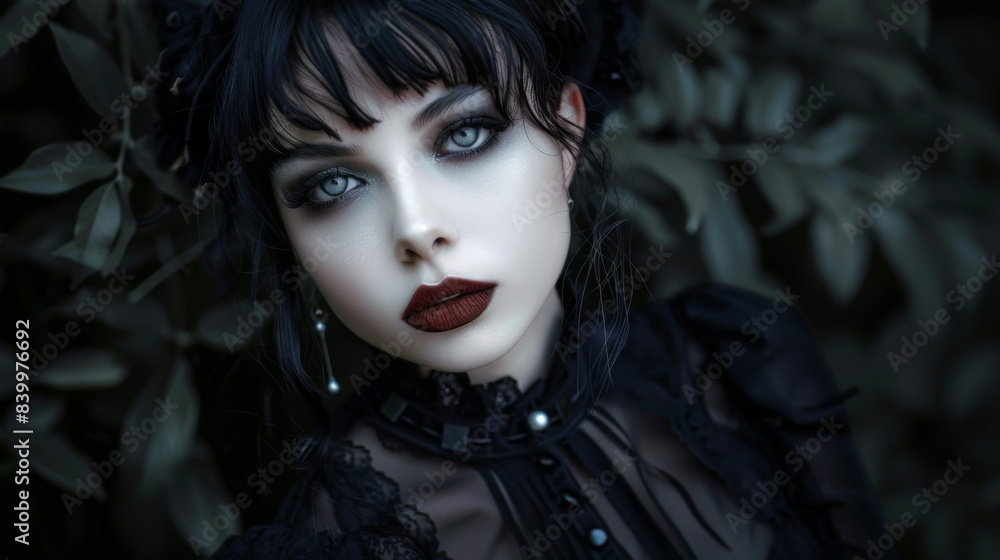 Portrait of a brunette Goth style inspired woman, fashion and make-up shoot. Gothic, Goth, Emo, New Wave, Dark style fashion. Dark smokey make-up, red lipstick. Dramatic. Elegant. Portrait of a brunette Goth style inspired woman, fashion and make-up shoot. Gothic, Goth, Emo, New Wave, Dark style fashion. Dark smokey make-up, red lipstick. Dramatic. Elegant.