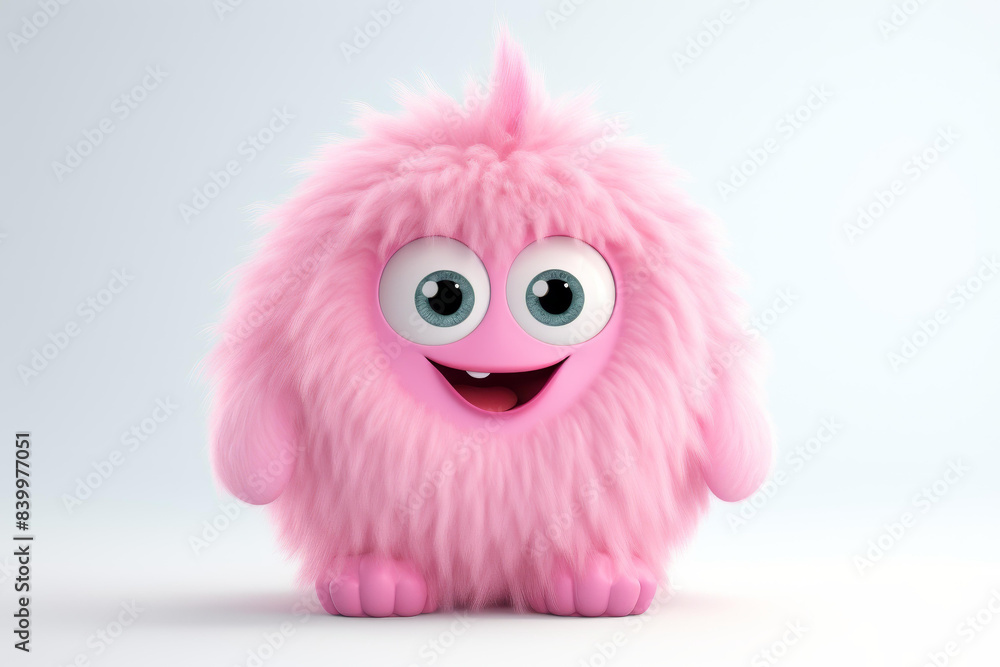 Fototapeta premium Adorable cartoon character with a charming pink fluffy monster appearance against a white background.