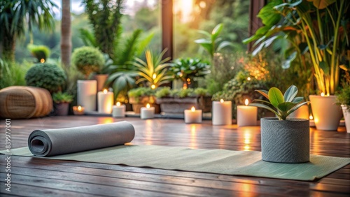 Peaceful morning atmosphere with a serene yoga setting, featuring a lonely mat, candles, and plants, surrounded by a calm natural environment. © Wanlop