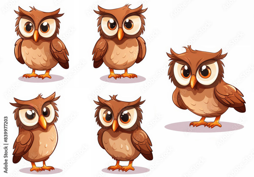 Fototapeta premium Whimsical clipart set featuring enchanting cartoon owl illustrations with a beautiful and charming face on isolated background.