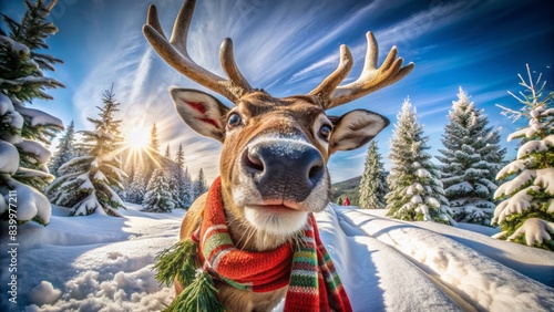 Amused reindeer with goofy expressions, wearing scarves and holly, take a snowy selfie with a fisheye lens, capturing their winter wonderland antics. photo
