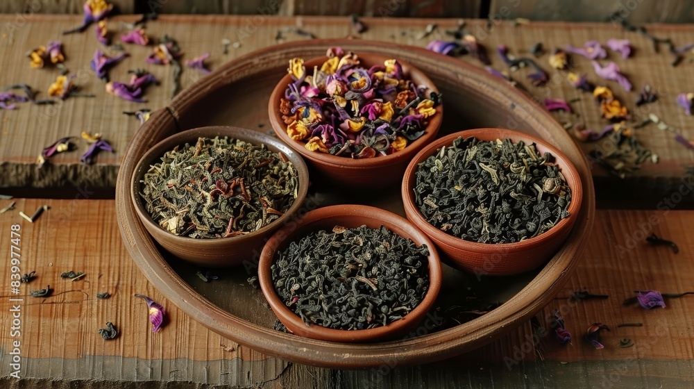 High-definition 4K image showcasing a small dish of assorted dry teas on a rustic wooden background High-definition 4K image showcasing a small dish of assorted dry teas on a rustic wooden background