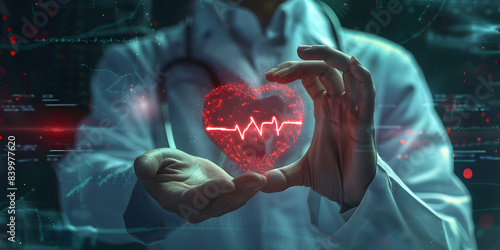 Cardiologist doctors touch the heartbeat icon on the virtual screen to check the function of the patient's heart. medical check-up, heart attack, cardiology, help from specialist design