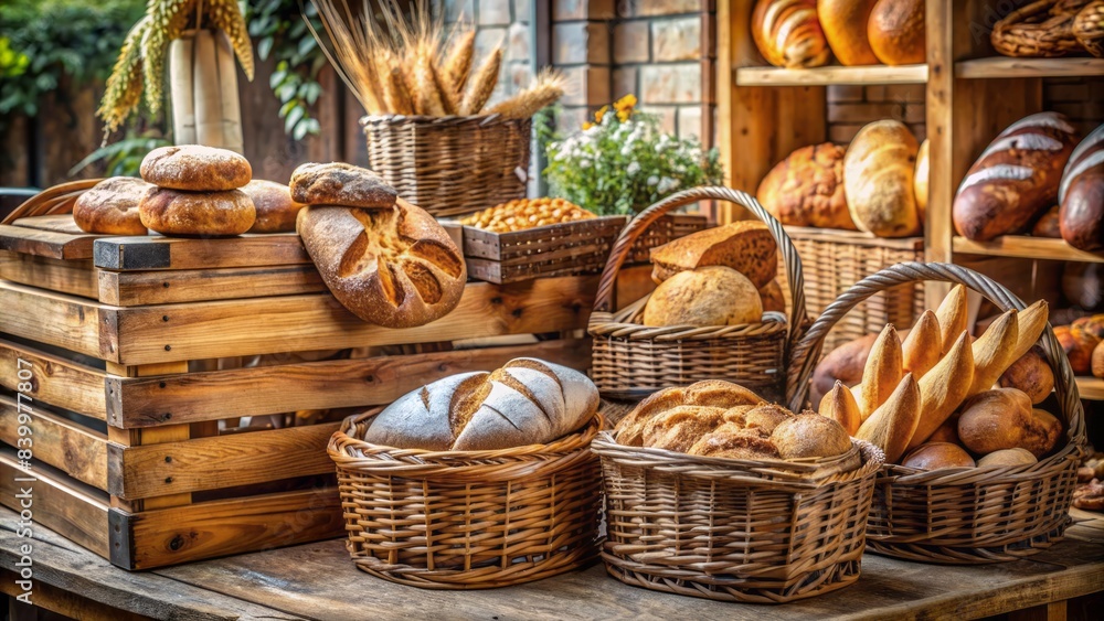 Warmly lit rustic bakery scene featuring an assortment of freshly baked artisan breads arranged on wooden crates and wicker baskets amidst a quaint backdrop. Warmly lit rustic bakery scene featuring an assortment of freshly baked artisan breads arranged on wooden crates and wicker baskets amidst a quaint backdrop.