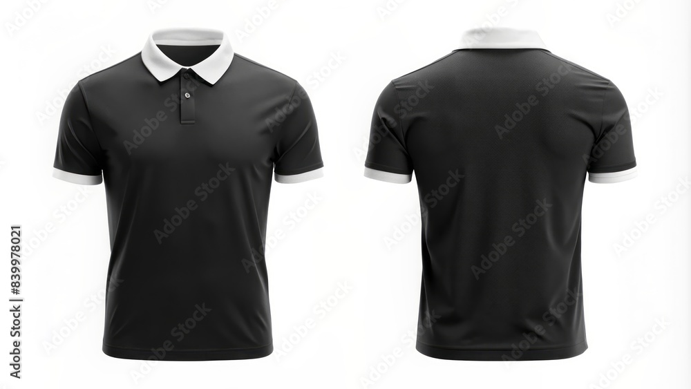 Empty mockup of a black t-shirt with a white collar and a thin black band around the neck, showcasing front and back views on a pure white background. Empty mockup of a black t-shirt with a white collar and a thin black band around the neck, showcasing front and back views on a pure white background.