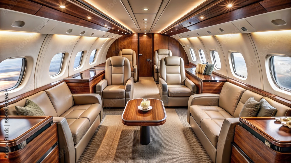 Luxurious private jet interior with leather seats and wooden trim, showcasing the high-end amenities of a premium airline aircraft cabin. Luxurious private jet interior with leather seats and wooden trim, showcasing the high-end amenities of a premium airline aircraft cabin.