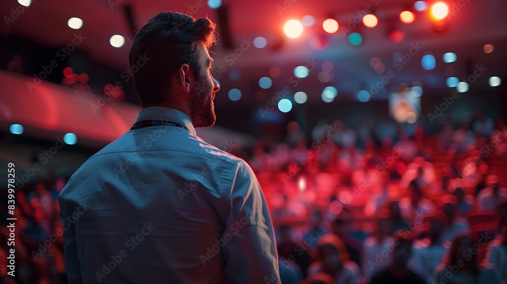 Entrepreneur Delivering Motivational Tech Conference Presentation with Vibrant Visuals and Engaged Audience Entrepreneur Delivering Motivational Tech Conference Presentation with Vibrant Visuals and Engaged Audience
