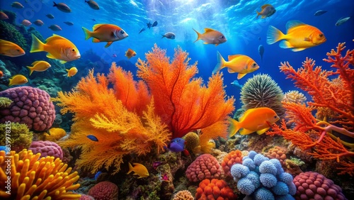 Vibrant orange, yellow, and blue fish species dart amongst delicate sea fans, coral formations, and seaweed in a stunningly colorful ocean reef ecosystem. © Wanlop