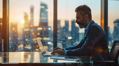 Corporate Executive Reviewing Documents on Laptop with Cityscape in Background