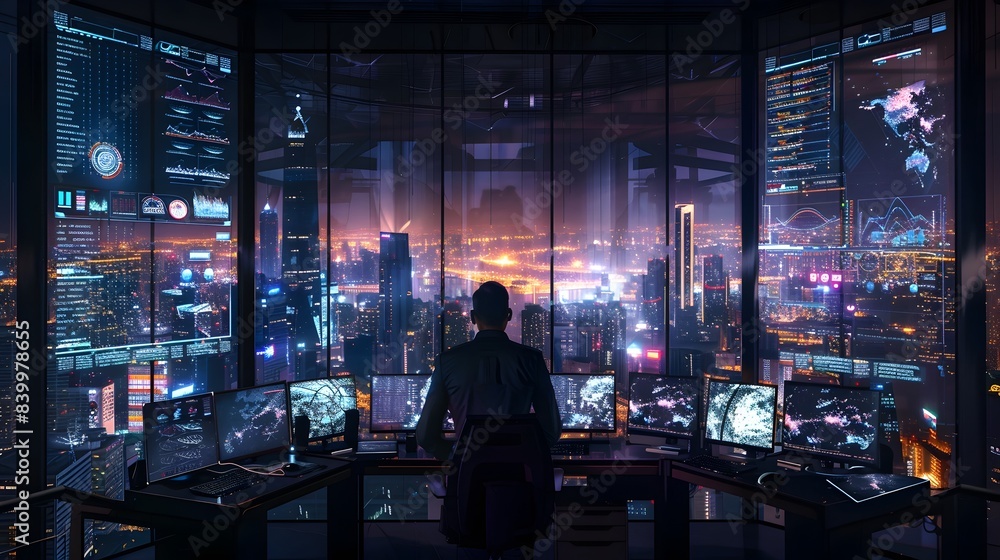 CEO Analyzing Futuristic Data Dashboard in Cityscape Office CEO Analyzing Futuristic Data Dashboard in Cityscape Office
