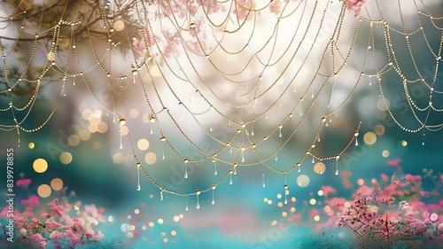 A closeup of a dewdropcovered spider web in a garden photo