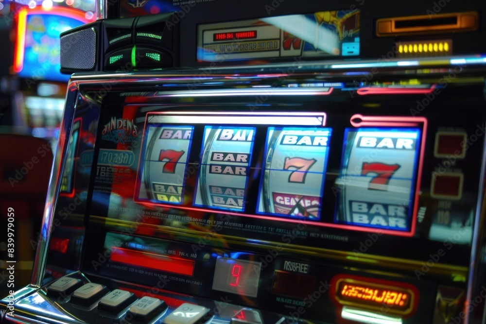 A classic slot machine shows a win on its digital screen, displaying bar and seven symbols, with a top speaker and reflective surface. A classic slot machine shows a win on its digital screen, displaying bar and seven symbols, with a top speaker and reflective surface.