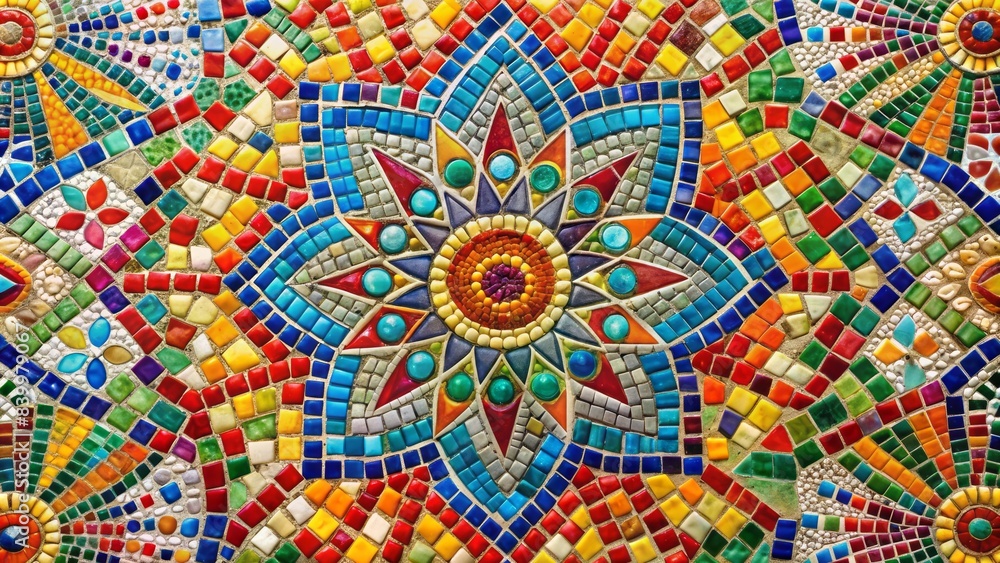 Vibrant abstract mosaic art piece comprising small tiles in varied shapes and colors, forming a stunning geometric pattern on a white background. Vibrant abstract mosaic art piece comprising small tiles in varied shapes and colors, forming a stunning geometric pattern on a white background.