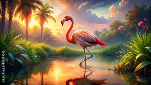 Vibrant pink flamingo stands amidst serene, warm-toned landscape at sunset, surrounded by lush greenery and tranquil water, captured in impressionist oil painting style. photo