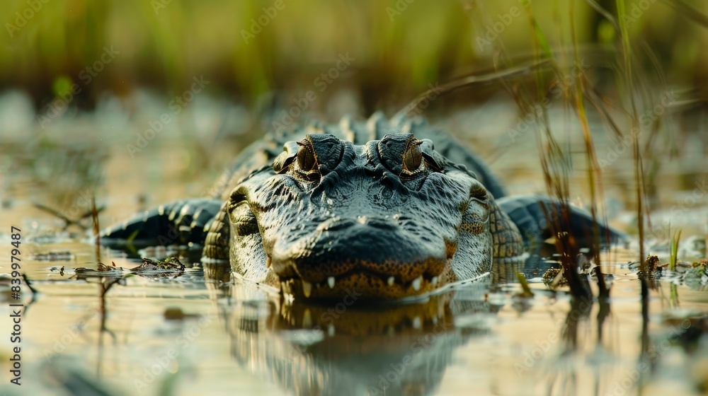 Fototapeta premium Close-up of an alligator partially submerged in water, highlighting its textured skin and keen eyes in a marshy area.