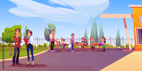School children summer event - food festival with kids selling cookies, cakes and pastries, and parents or teachers on schoolyard. Cartoon vector boys and girls stand near tables with sweet desserts.