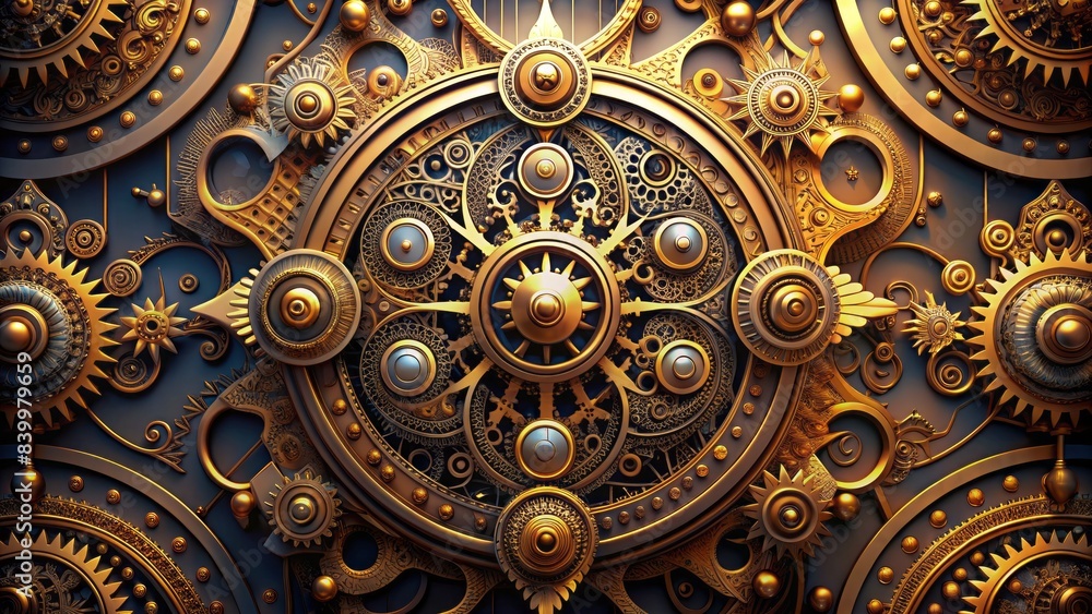 Intricately designed abstract geometric gold ornament features ornate art deco patterns, steampunk-inspired cogwheels, and shields, created with stunning precision using generative ai technology. Intricately designed abstract geometric gold ornament features ornate art deco patterns, steampunk-inspired cogwheels, and shields, created with stunning precision using generative ai technology.