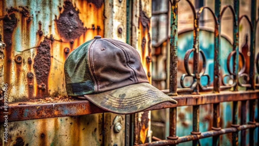 Weathered cangaceiro hat slouched on rusty metal gate, black spray ...